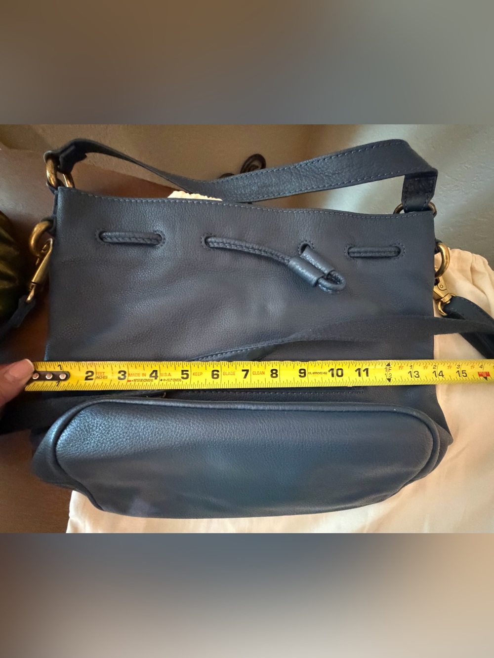 Fossil Navy Leather Drawstring Bucket Shoulder Bag - Picture 12 of 14